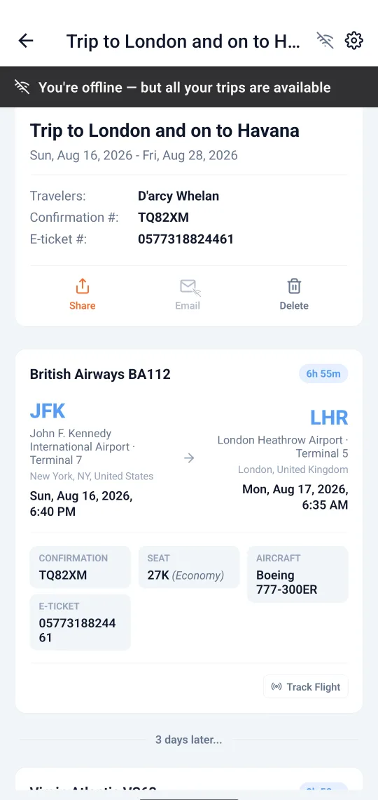 The app in airplane mode, showing the banner "You're offline - but all your trips are available" above a fully readable flight from JFK to Heathrow.