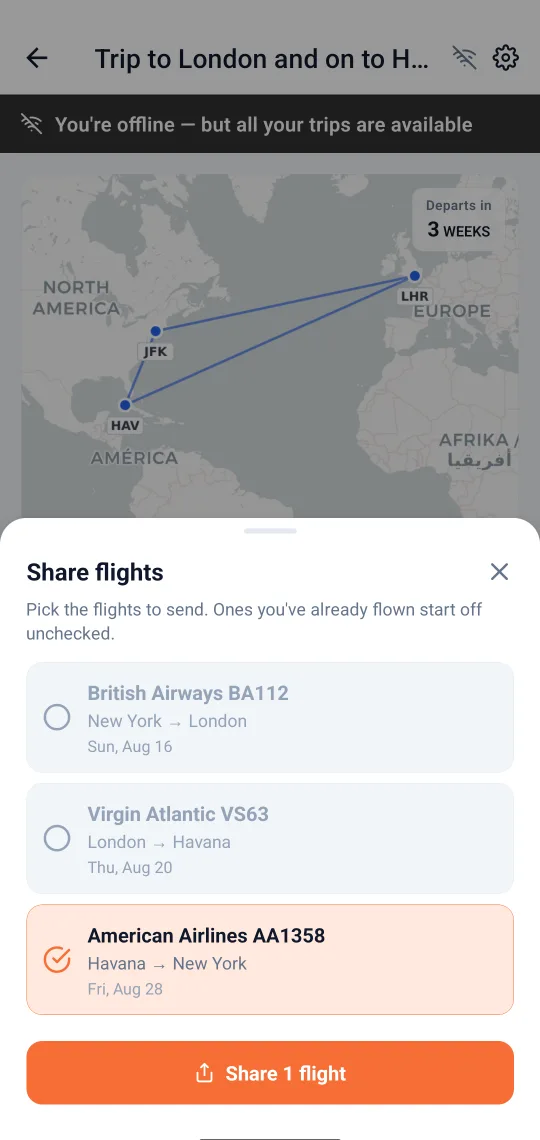 The app's "Share flights" picker, listing three flights with the already-flown legs unchecked and a "Share 1 flight" button.