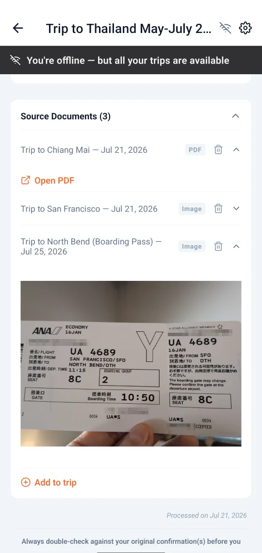 A trip's Source Documents list in the app, offline: a PDF confirmation, and a photographed boarding pass shown full-size below it.