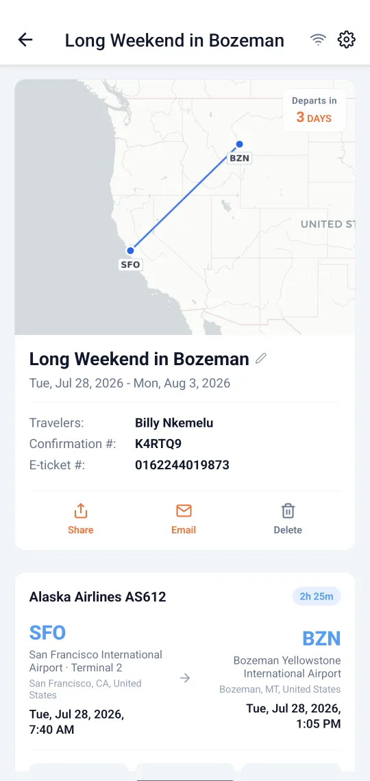A trip's detail screen: route map from SFO to BZN, travelers, confirmation and e-ticket numbers, and the flight card with terminals and times.