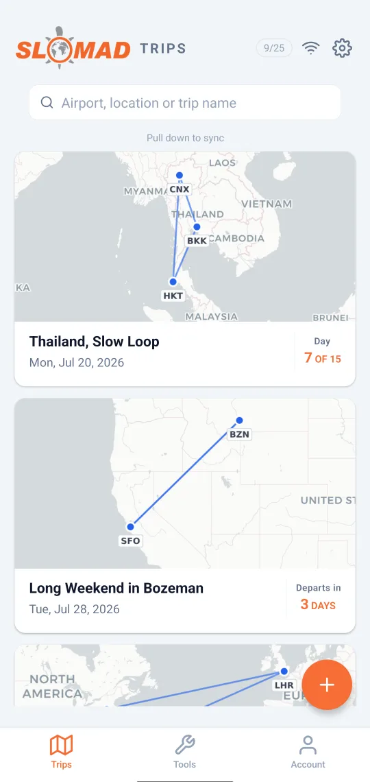 The Slomad Trips app showing a list of trips, each with its route map, dates and a countdown to departure.