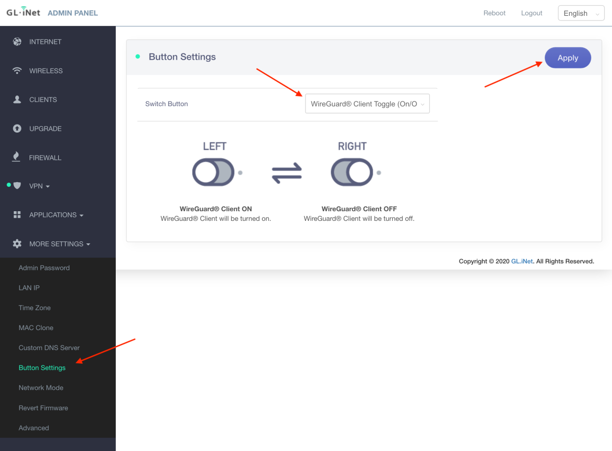 GL.iNet VPN Router - Button Settings