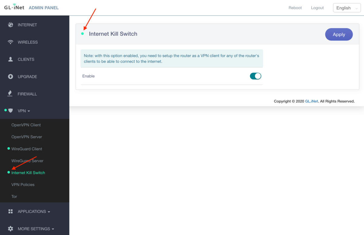 GL.iNet VPN Router - Internet Kill Switch Enabled