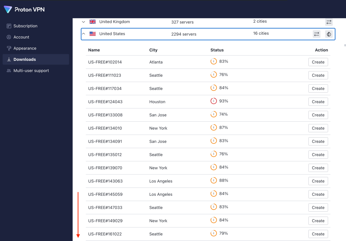 Proton VPN Download WireGuard Configuration Page - Choose a Country