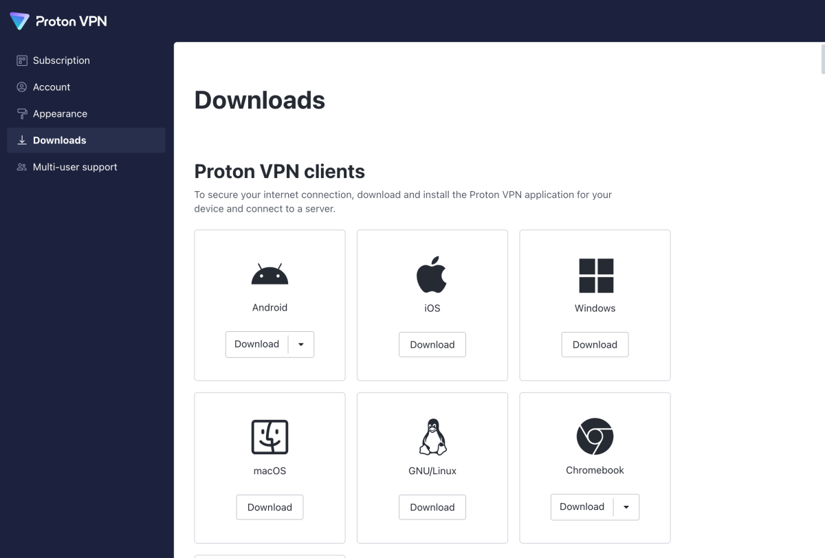 Proton VPN Downloads Page