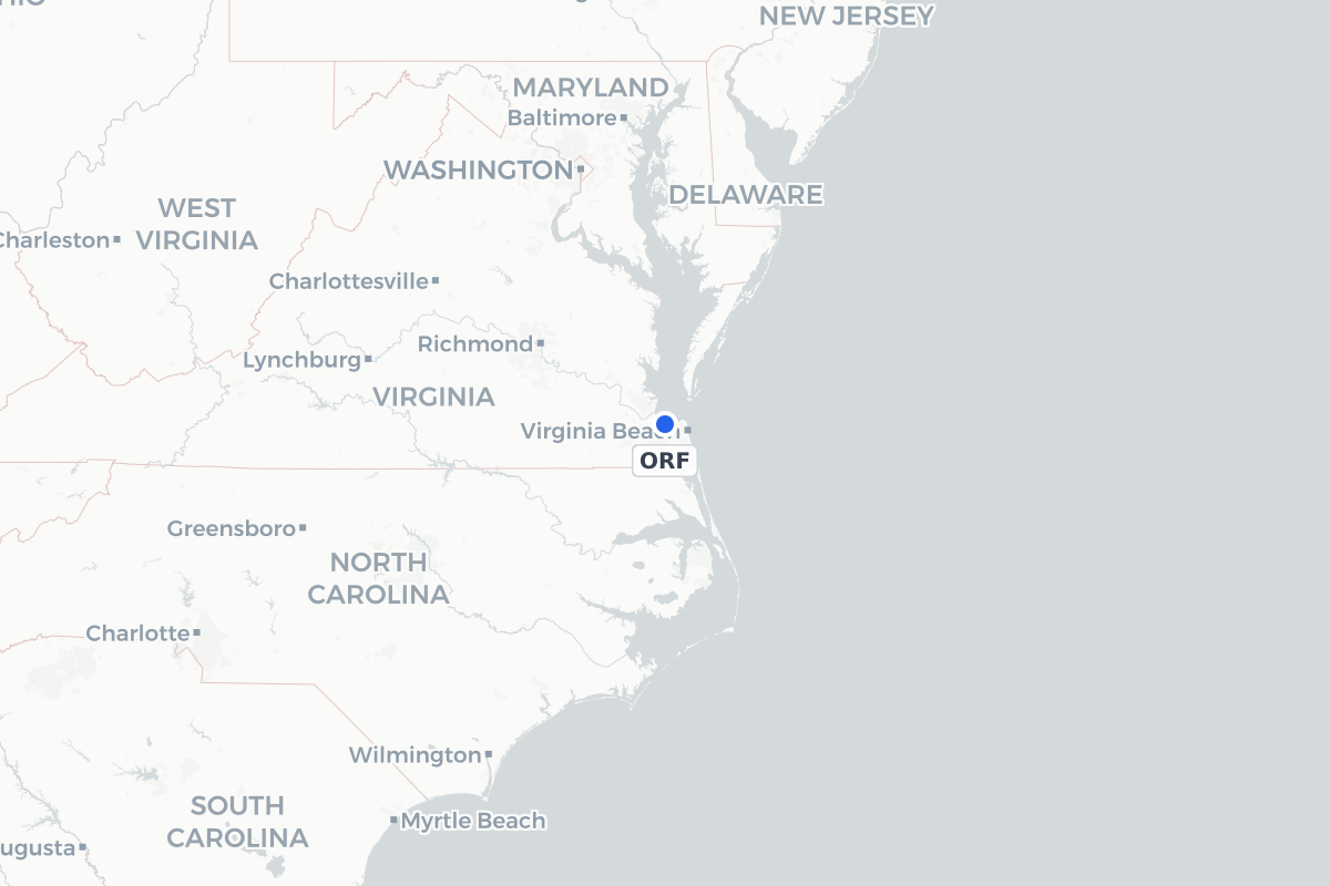 Map showing the location of Norfolk International Airport
